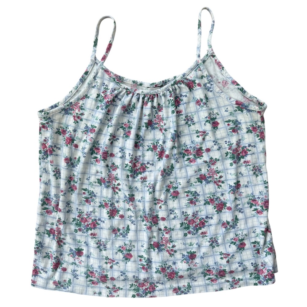 Y2K 90s Floral Plaid Tank Top Pastel Rose Blue Coquette Large White spaghetti